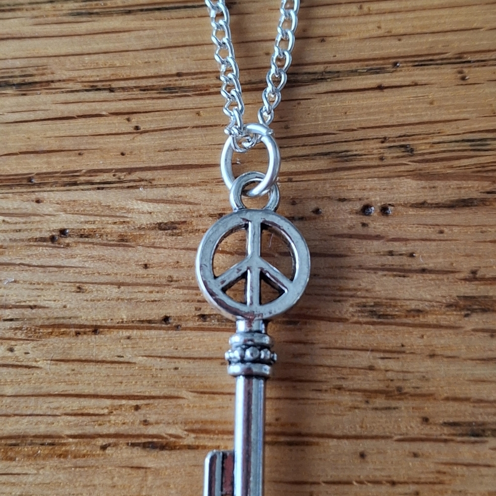 Silver Peace Sign Key Necklace